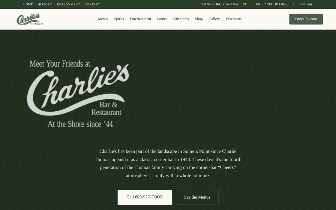 The Charlie's Bar & Restaurant build, showing the script logo and the line "Meet Your Friends at Charlie's &mdash; At the Shore since '44" on a deep green ground.