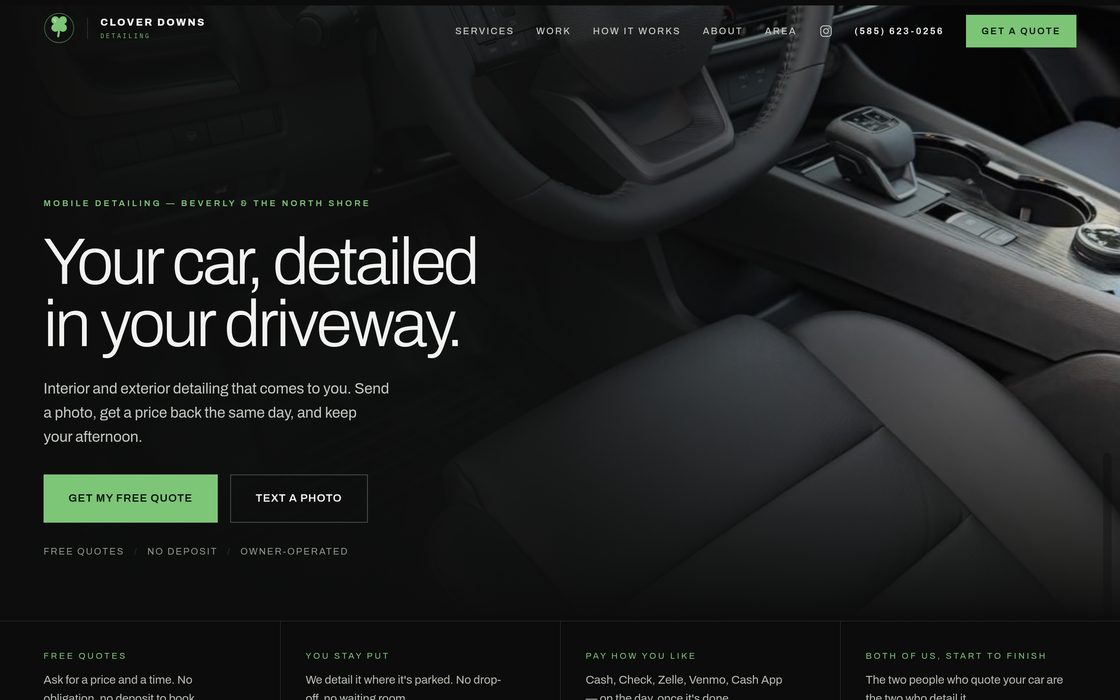 The Clover Downs Detailing homepage, showing a dark car-interior photograph behind the headline "Your car, detailed in your driveway."
