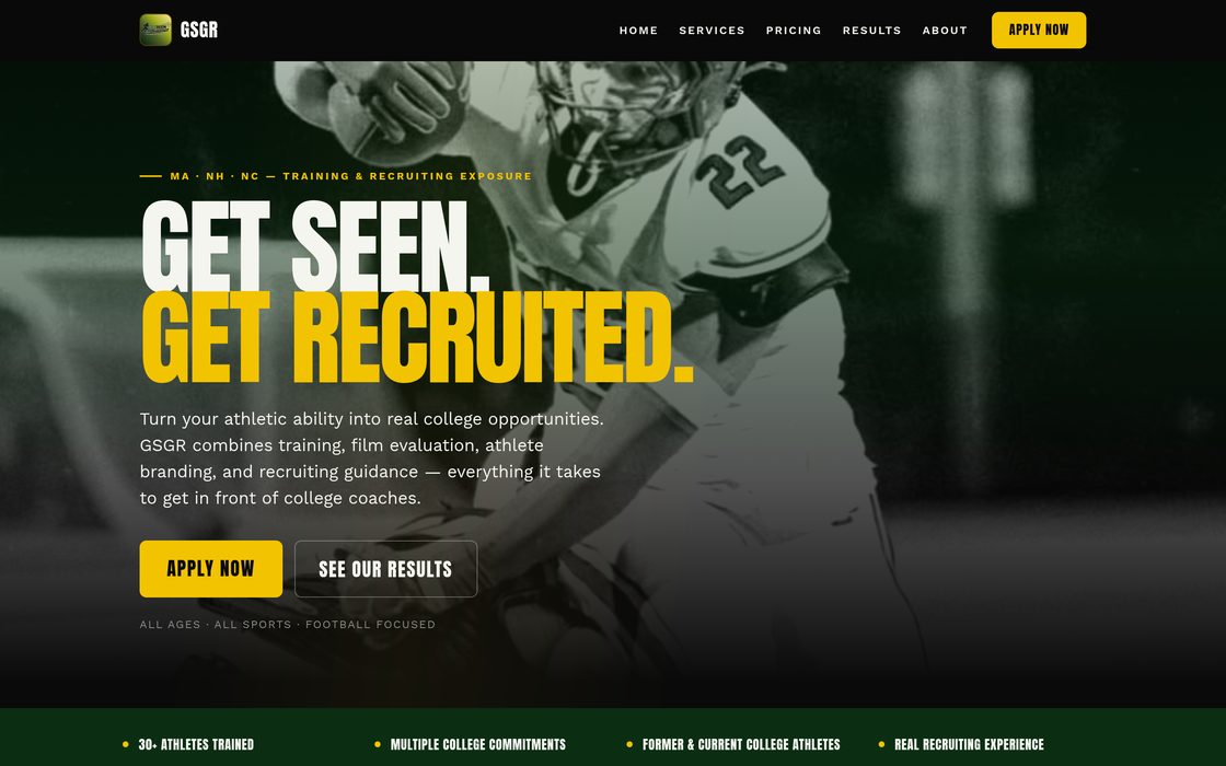 The GSGR build, showing the headline "Get Seen. Get Recruited." in white and yellow over a photograph of a football player.