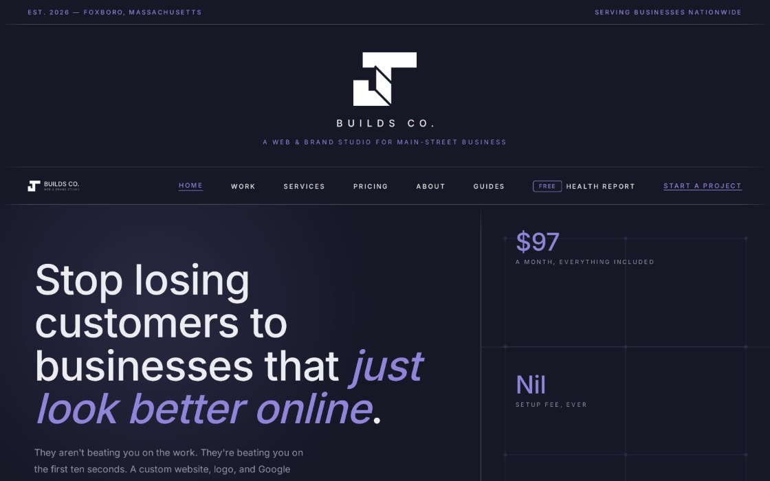 The JT Builds Co. homepage, showing the JT monogram above the headline "Stop losing customers to businesses that just look better online" beside a $97 a month figure.