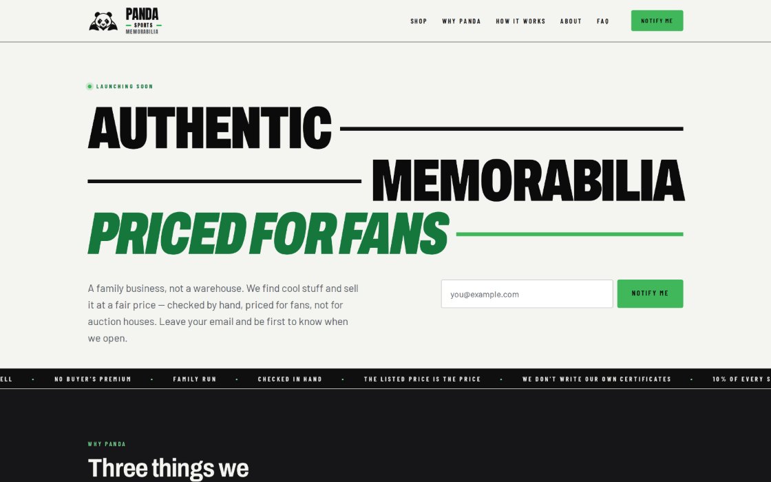 The Panda Sports Memorabilia homepage, showing the headline "Authentic Memorabilia &mdash; Priced for Fans" in heavy black and green type above an email sign-up.