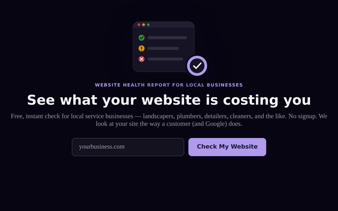 The Website Health Report tool, showing its headline "See what your website is costing you" above a domain input and a Check My Website button.